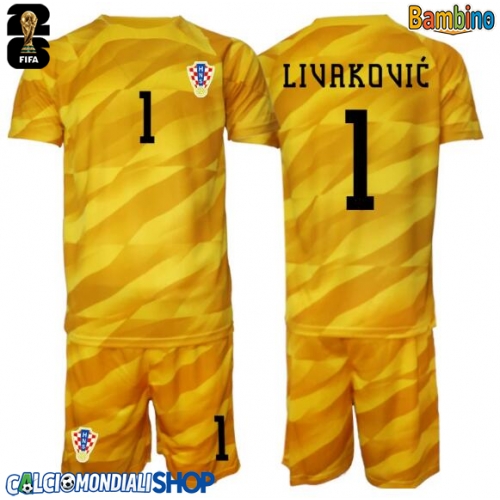 Maglie da calcio Croazia Dominik Livakovic #1 Portiere Prima Maglia Bambino Mondiali 2026  Manica Corta + Pantaloni corti)
